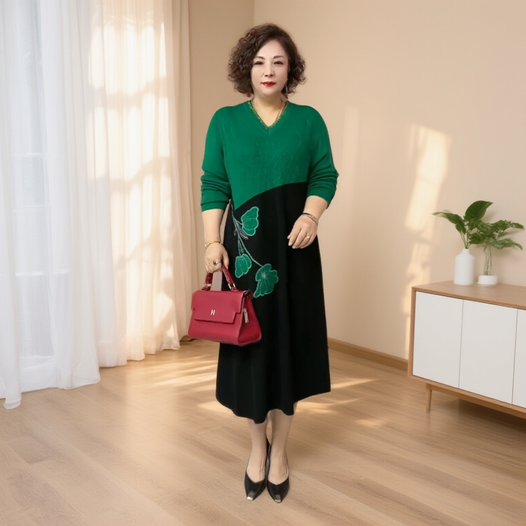 7211新款针织v领长袖弹力中长款连衣裙打底裙秋冬宽松时尚显瘦140