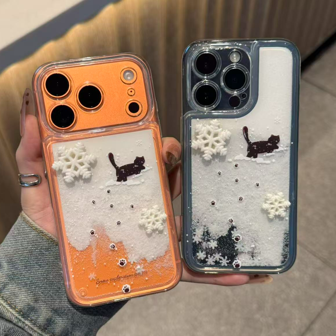 GGBond踏雪小黑猫雪花流沙手机壳适用苹果16小米17vivoppo华为P80