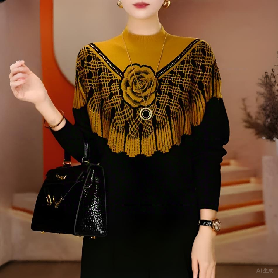 时尚提花烫钻长袖打底针织衫2025新款宽松显瘦柔软保暖毛衣上衣女