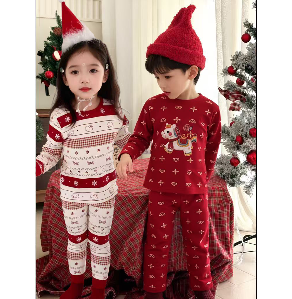 【小甜爽】爱啦爱啦纯棉300克26新年款儿童家居服套装红色秋衣秋裤