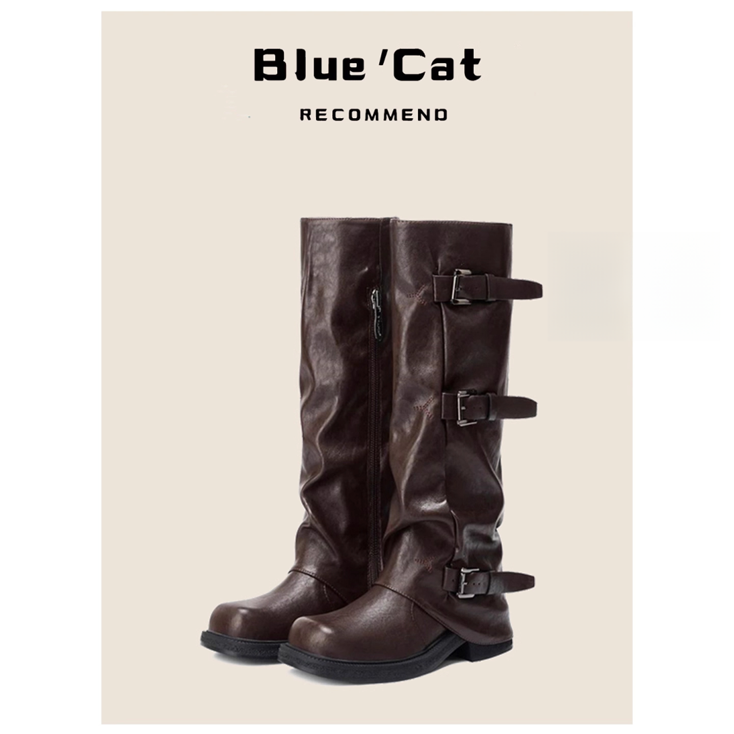 真皮版~5CM内增高长筒骑士靴女秋美拉德褶皱裤管靴棕色皮带扣长靴