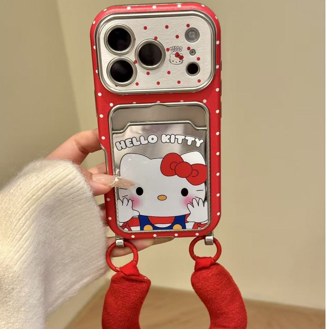 红色卡包波点kt手机壳适用iPhone17p苹果15镜面16女14皮质mate80
