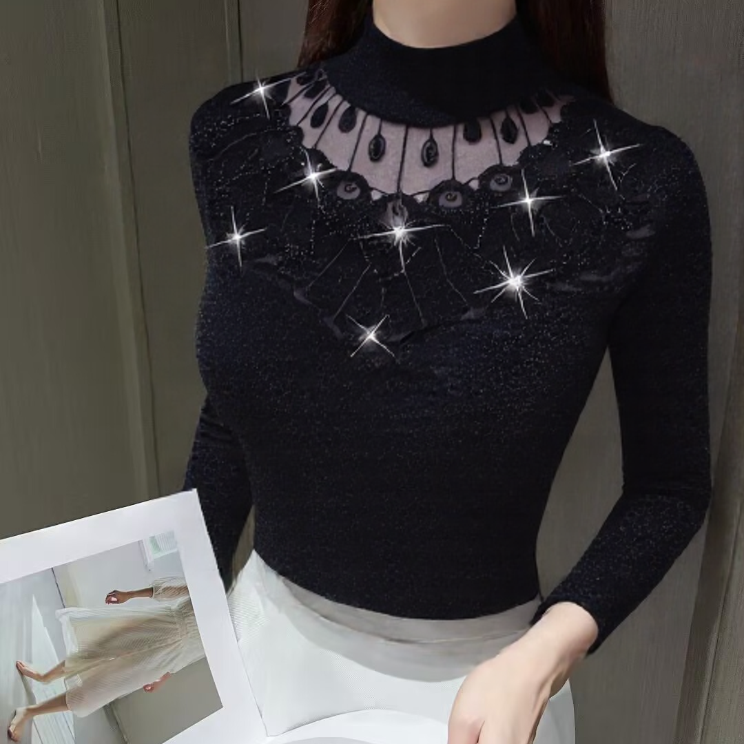 冬季2025年新款洋气蕾丝网纱长袖设计感打底衫半高领内搭上衣女装