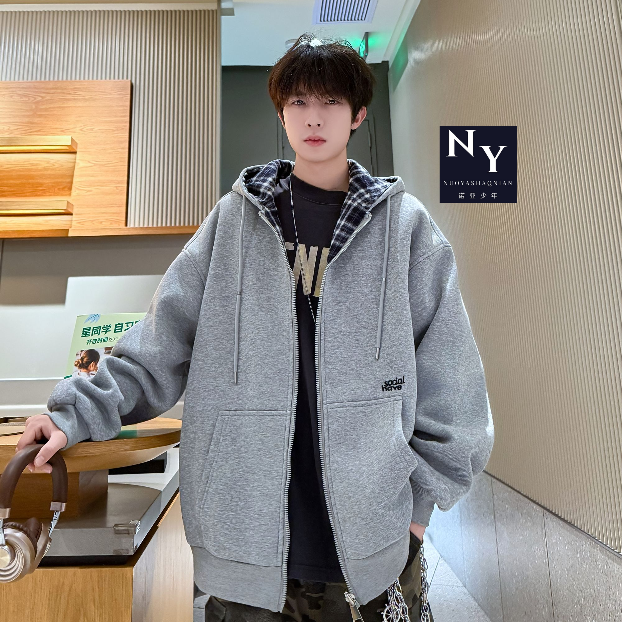 双面穿外套连帽秋冬格子长袖欧美风宽松针织开衫休闲百搭港风夹克