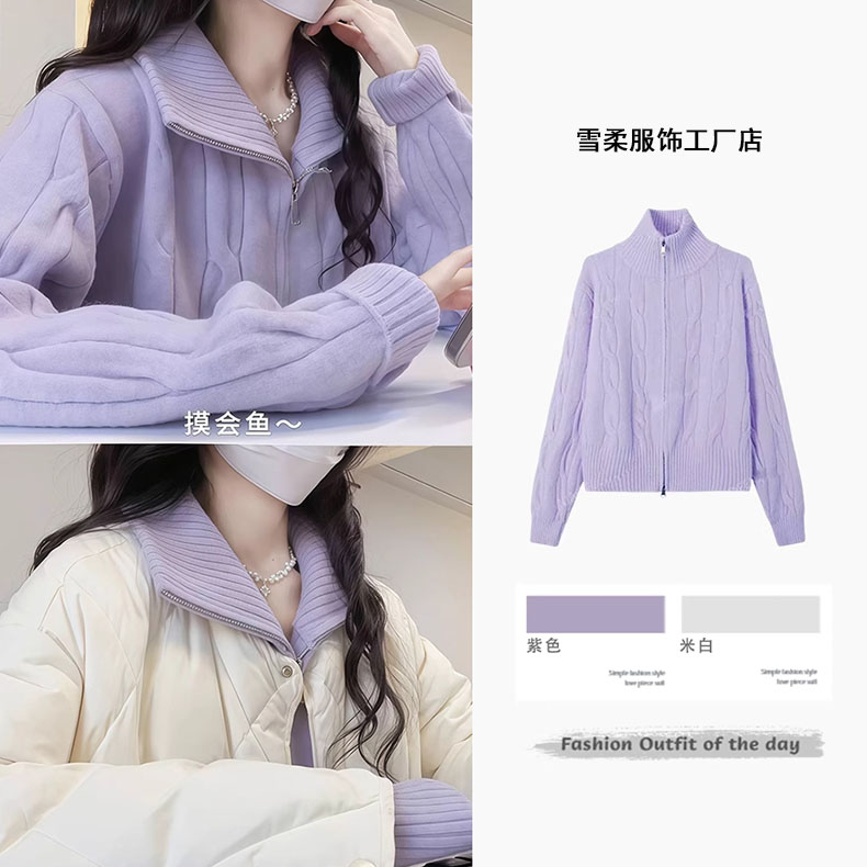 香芋紫减龄麻花双拉链半高领毛衣女秋冬新款多巴胺外套上衣潮ins