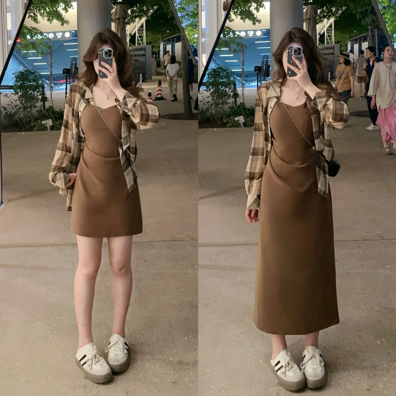 大码微胖法式吊带连衣裙女装胖mm遮肚显瘦裙子衬衫两件套-D10035