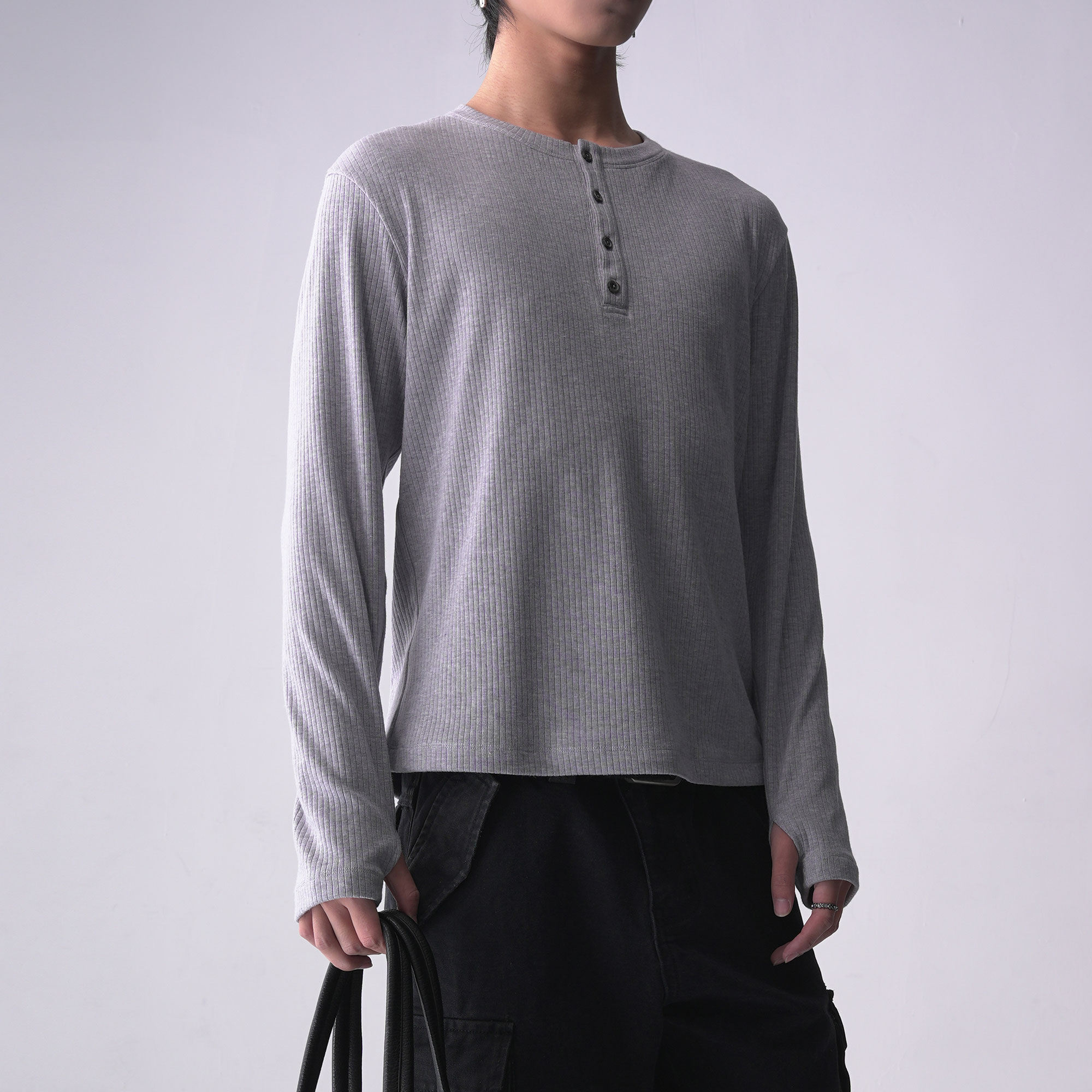 SOUTHFISH 残缺牛角扣亨利领忍者袖弹力坑条打底衫偏厚长袖T恤男