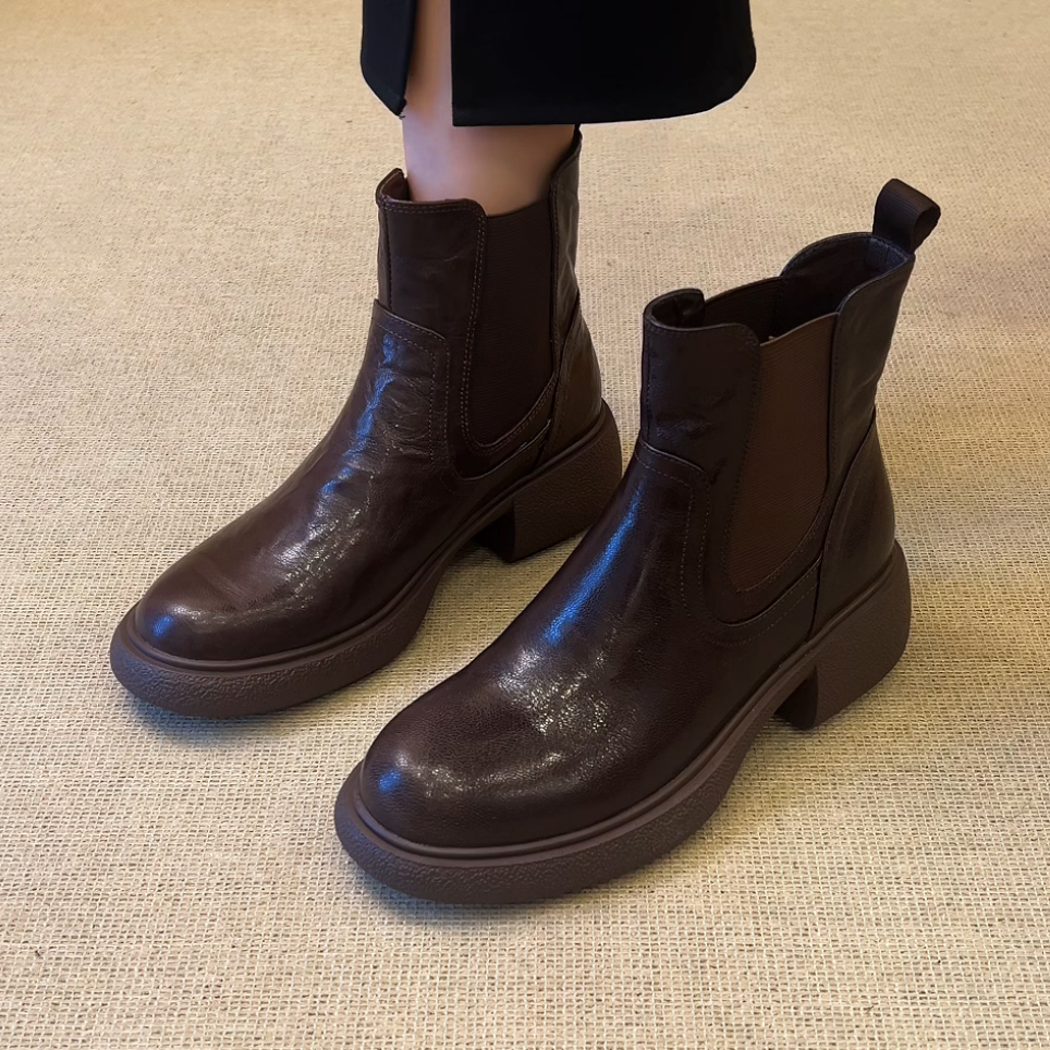 RubyL/5cm简约复古风百搭拼接松紧带圆头粗跟短筒切尔西靴女款