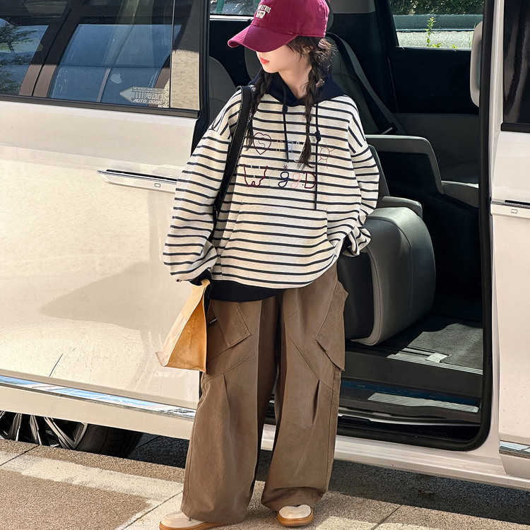 女童条纹连帽卫衣外套春秋装2025新款儿童洋气时髦女大童秋季上衣