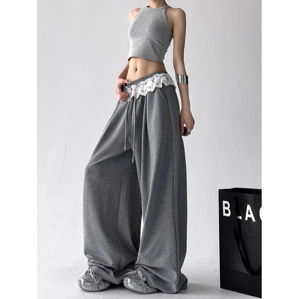 美式复古垂感拼接蕾丝春秋阔腿休闲卫裤女显瘦百搭爵士舞街头风