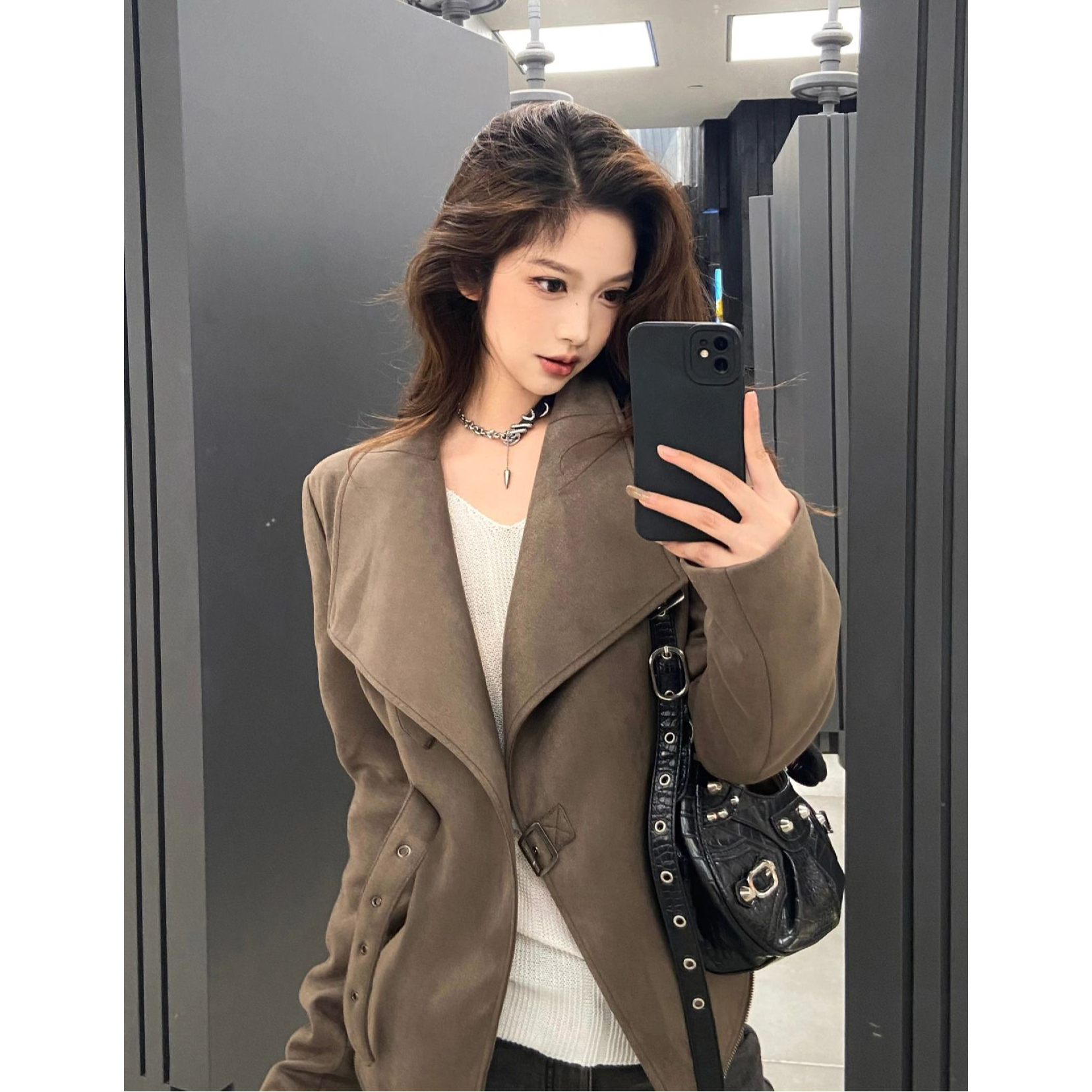 美式复古麂皮绒机车夹克上衣女2025春季大翻领氛围感收腰短款外套