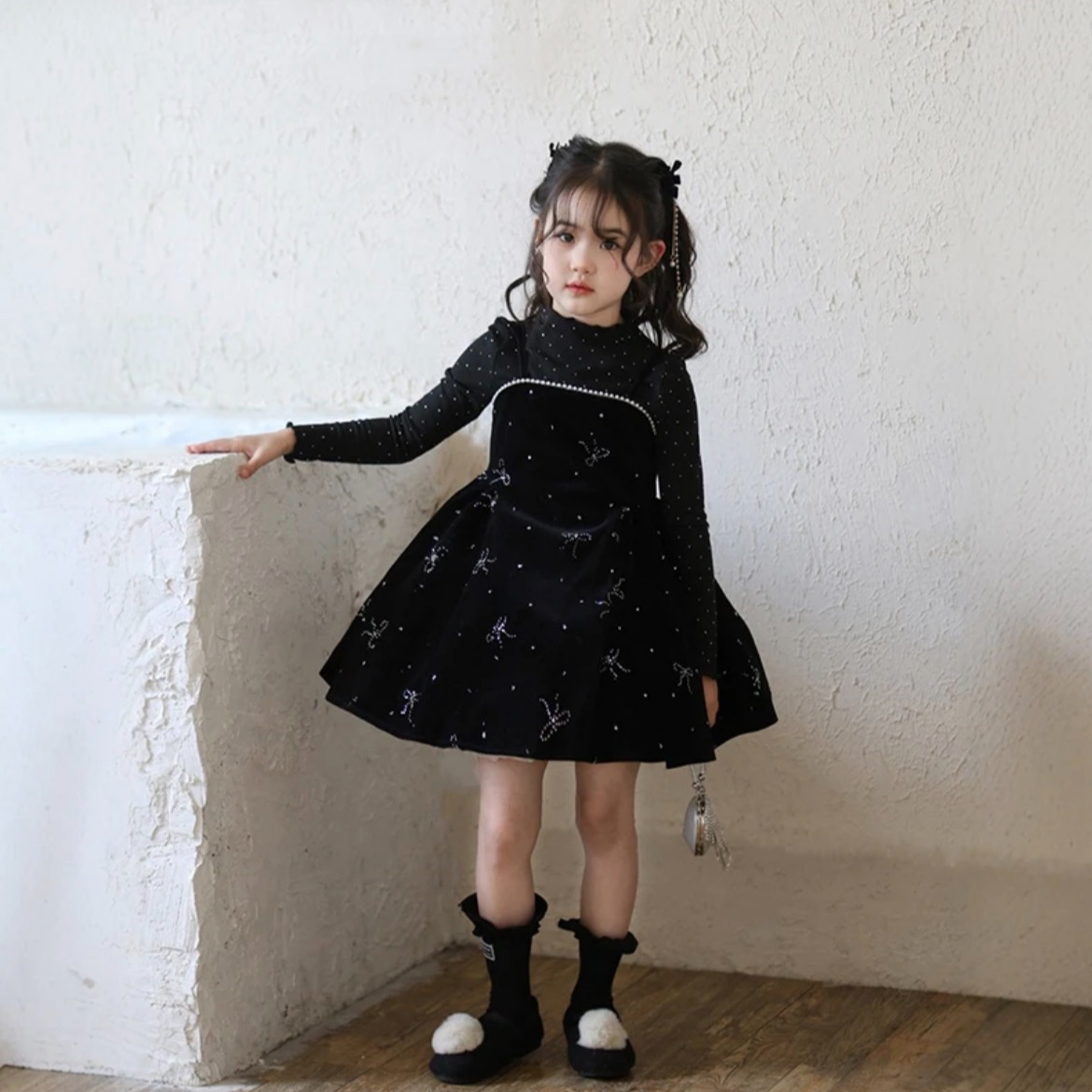 女童冬季新款加绒连衣裙套装女宝宝高领打底衫蝴蝶结裙休闲两件套