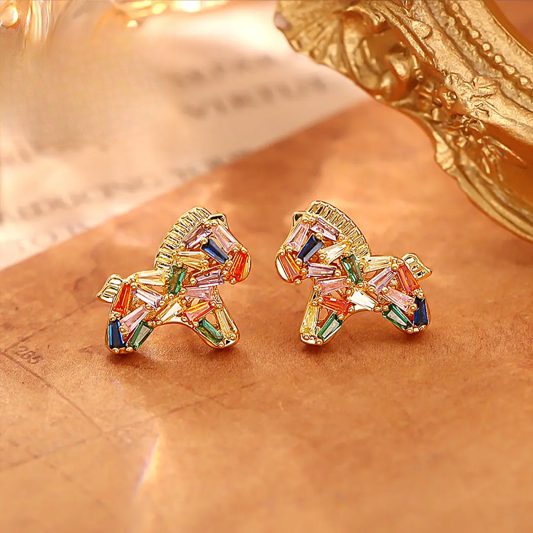 铜合金锆石耳饰 【彩虹小马耳钉】S925纯银针耳钉女款七彩小众轻奢