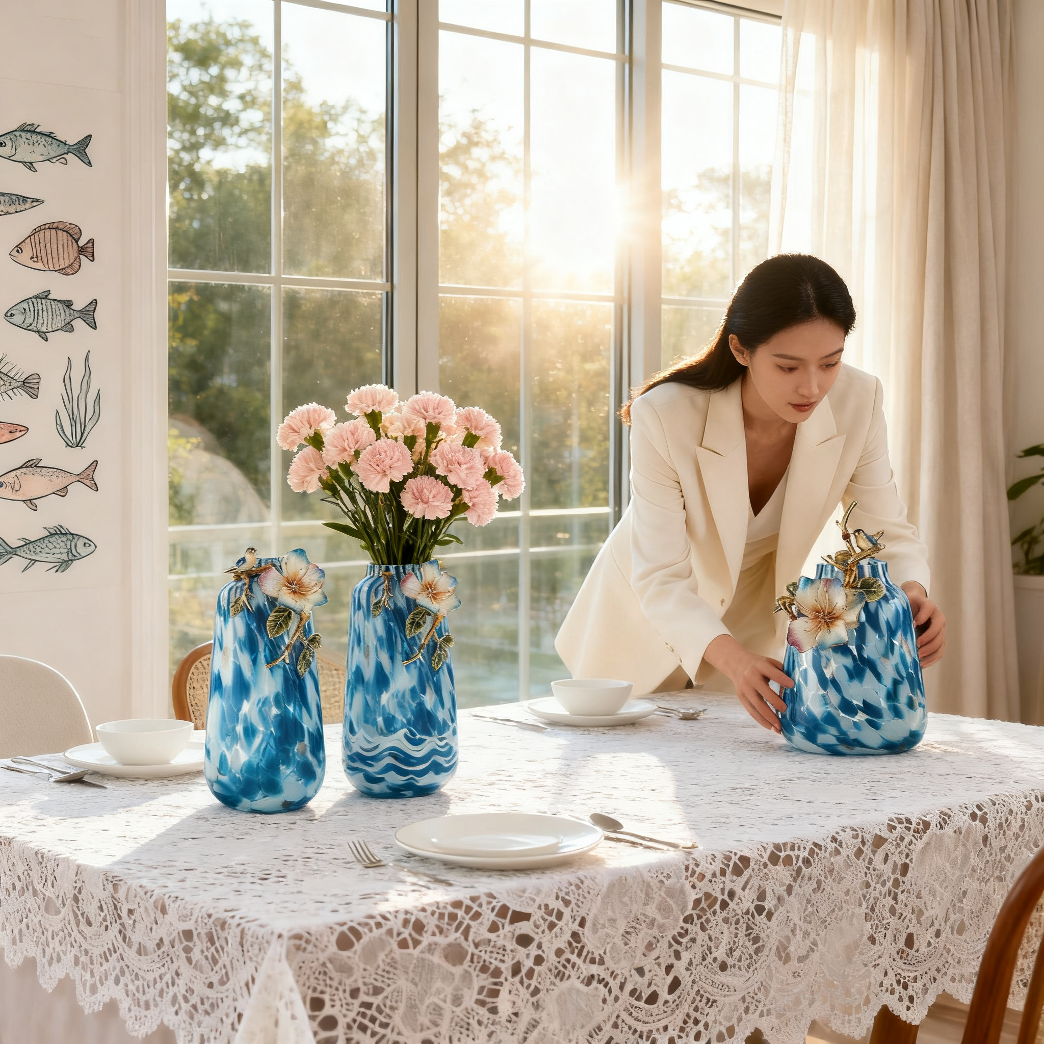 双雀衔春轻奢高端珐琅彩花瓶  客厅玄关欧式彩绘玻璃插花酒柜摆件