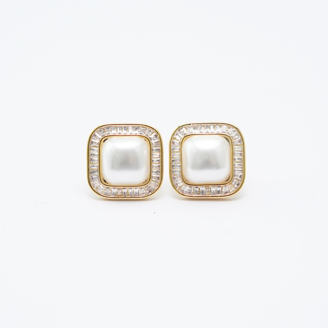 铜合金锆石耳饰 复古风轻奢小香风优雅锆石方形耳钉百搭小众气质