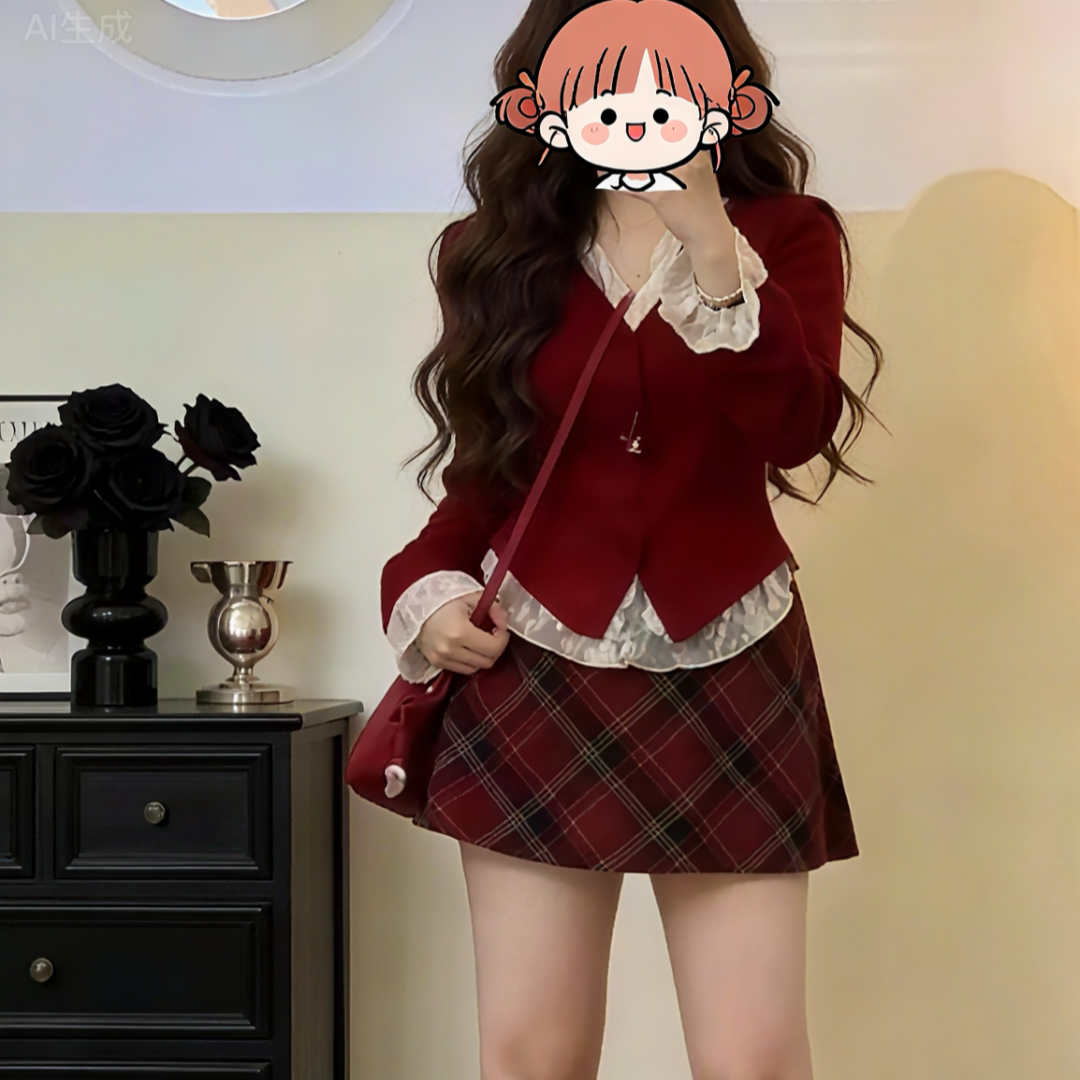 Bai大码【浮星光】红色蕾丝针织上衣+格子半身裙套装9858*9859