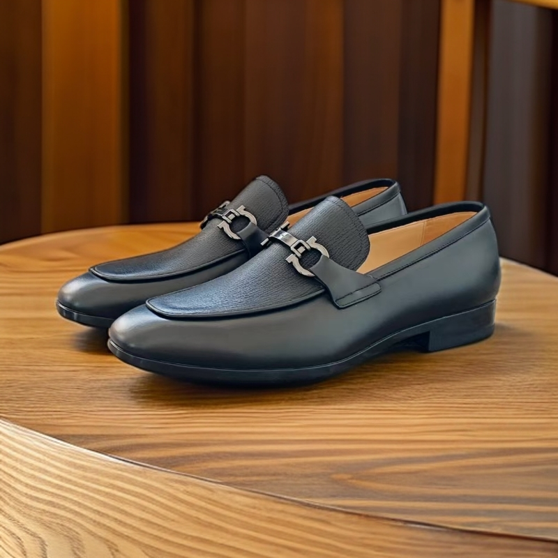 男士黑色高品质经典正装商务时尚透气舒适纯手工真牛皮休闲乐福鞋