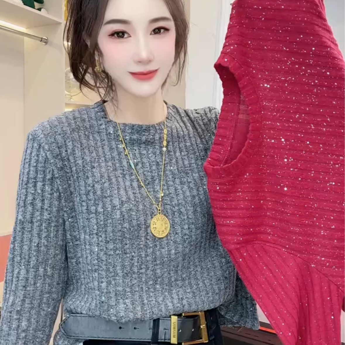 韩版亮片拼接圆领针织衫设计感纯色套头毛衣独特小众穿搭上衣