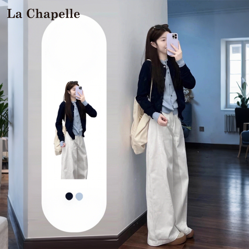 拉夏贝尔小香风蓝色针织开衫女2025秋季新款假两件韩系百搭短上衣