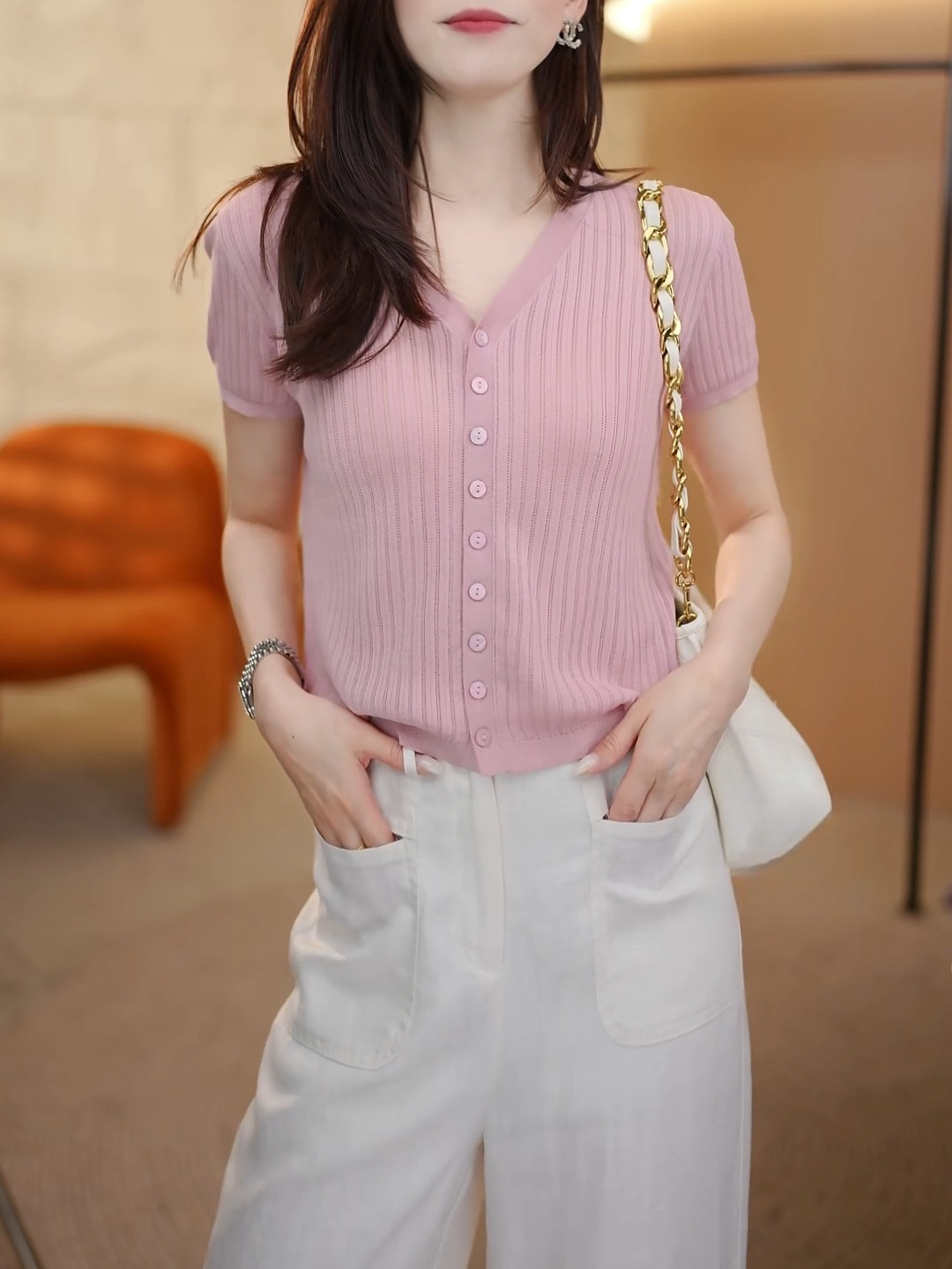 天丝+桑蚕丝夏季V领薄款短袖开衫女2025新款百搭洋气显瘦纯色上衣