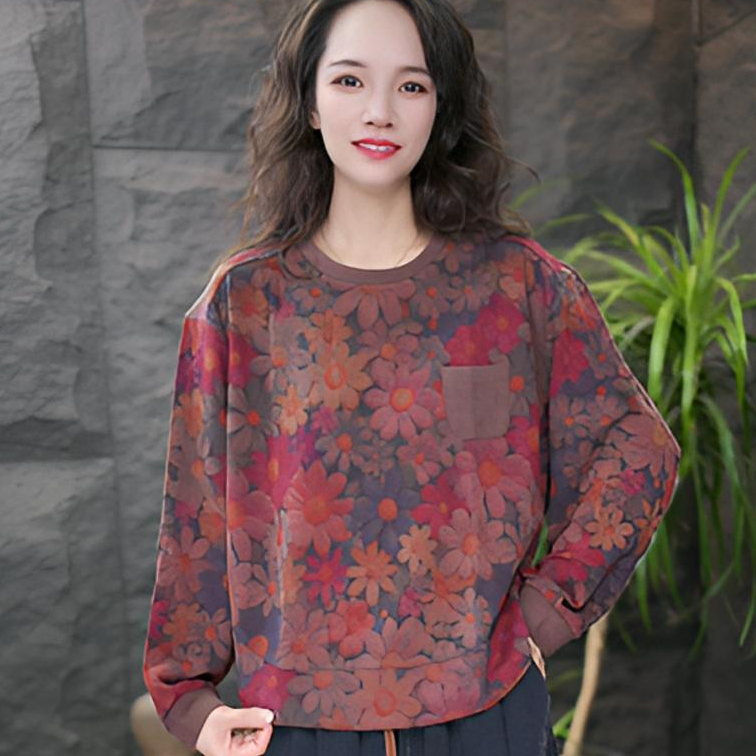 JJ【向日葵】常规款印花长袖圆领厚款短款卫衣女装提花打底衫T恤女