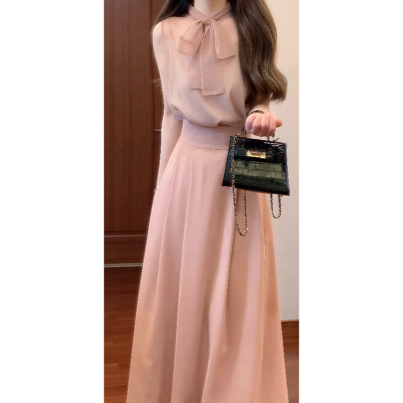 【书卷气息】复古网纱蝴蝶结飘带上衣&高腰百褶半身裙砖色套装9546