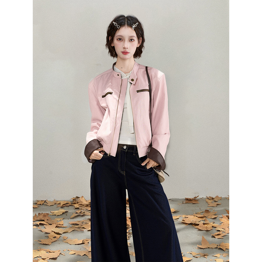 时尚穿搭粉色pu皮衣外套女2025秋季新款酷飒风独特超好看休闲夹克
