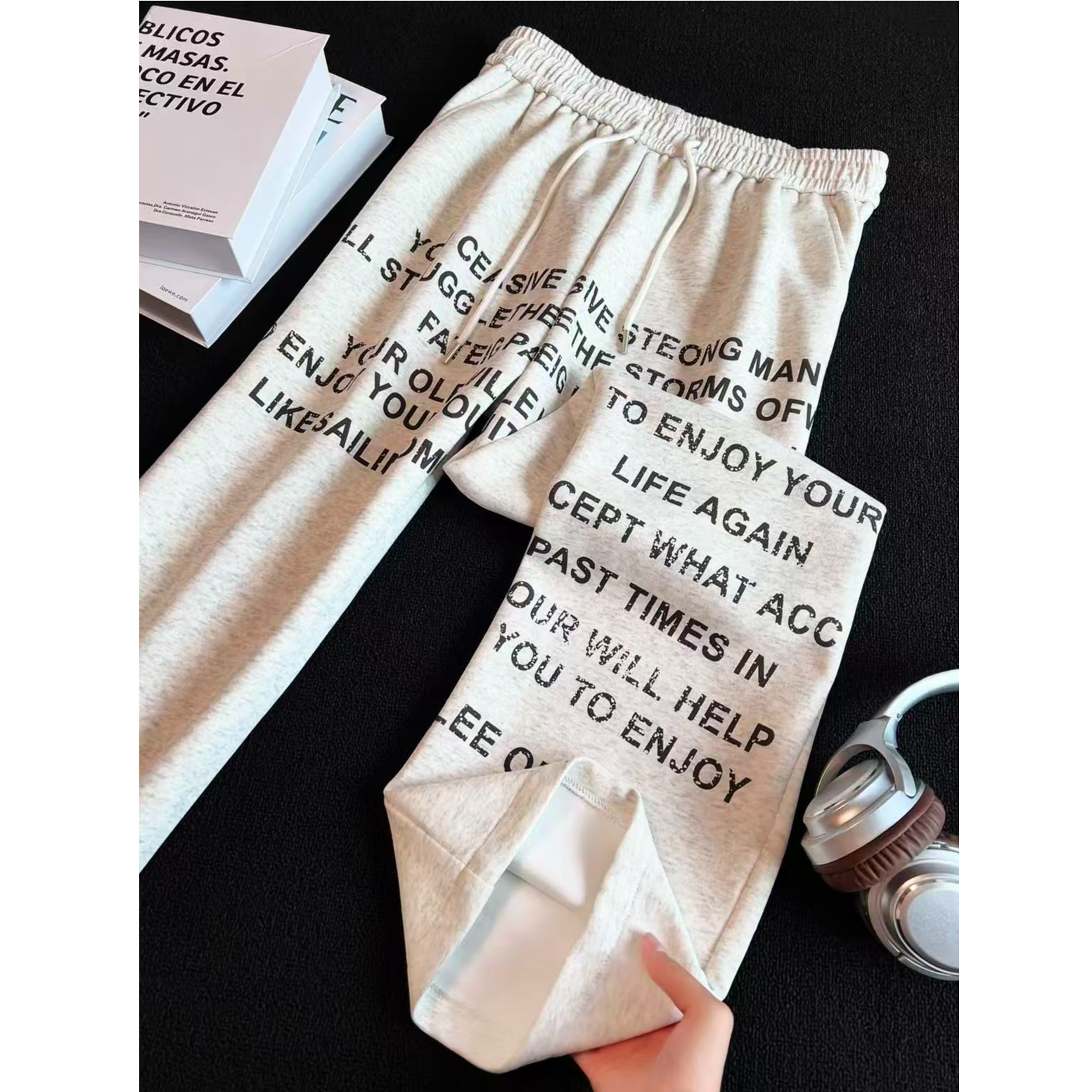 美式复古满印字母印花宽松直筒休闲卫裤男设计感潮流阔腿裤子长裤