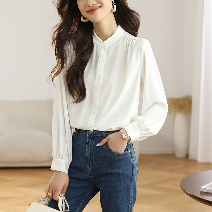 【心境】春季立领白衬衫女长袖简约气质通勤休闲轻职风设计感上衣