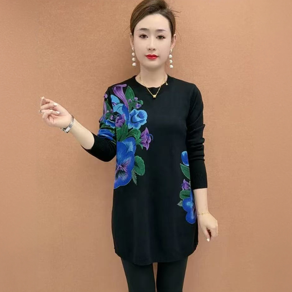 新款妈妈秋冬中长款遮肉洋气时尚印花针织打底衫中年女大码毛衣裙