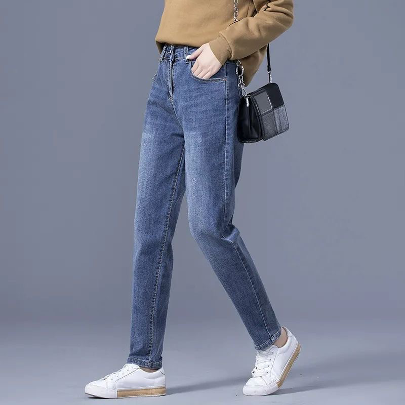 蓝色牛仔裤2025秋冬加绒加厚高腰显瘦直筒休闲裤宽松百搭哈伦裤子