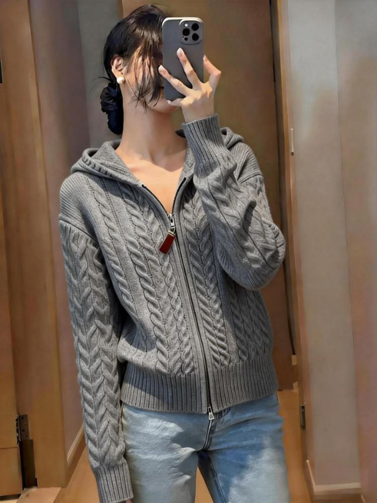 慵懒风韩版针织连帽衫女秋冬新款拉链开衫洋气减龄软糯毛衣上衣女