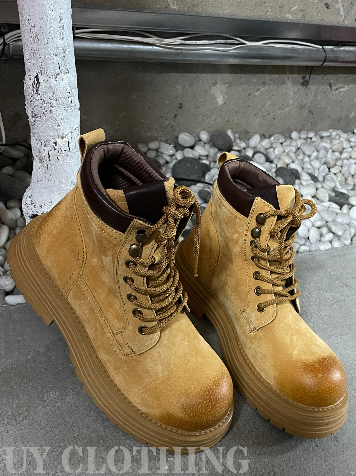 UY【厚底大黄靴】真皮复古英伦风马丁靴情侣户外防滑工装靴靴子高帮