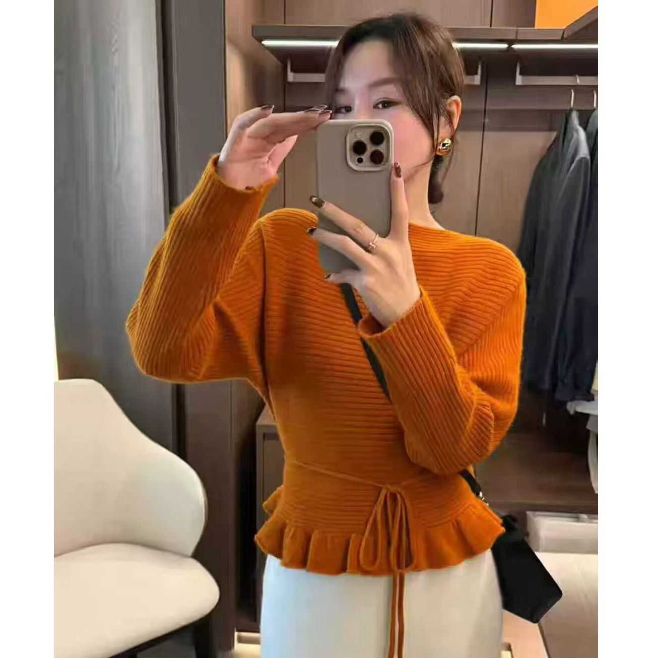 韩系温柔风荷叶边系带收腰针织衫女秋冬季新款百搭气质时尚毛衣潮