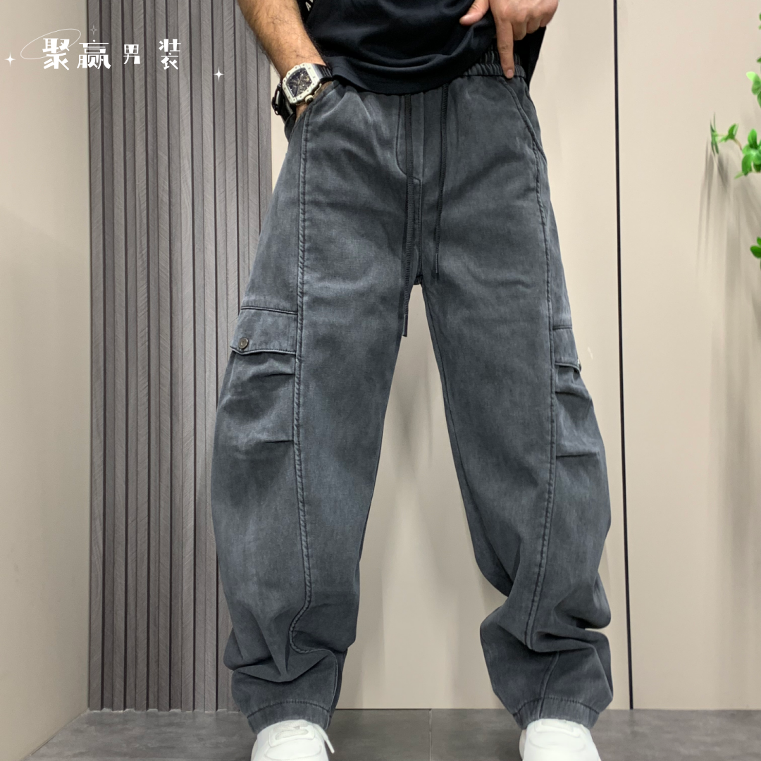 秋冬季加绒保暖牛仔裤黑色美式伞兵裤牛仔裤阔腿宽松休闲百搭男裤