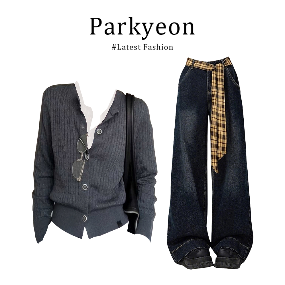 MARIE.COCO早秋绝美针织衫白色打底衫修身飘带牛仔裤时尚显瘦套装