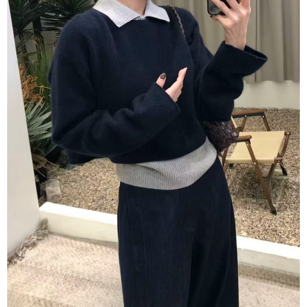 早秋智系叠穿秋冬慵懒感撞色减龄polo领2025短款长袖背心两件套