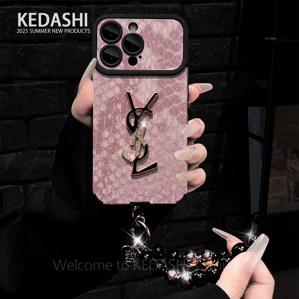 粉蛇纹大视窗羊皮YSL适用苹果16PRO华为VIVO小米OPPO手链手机壳