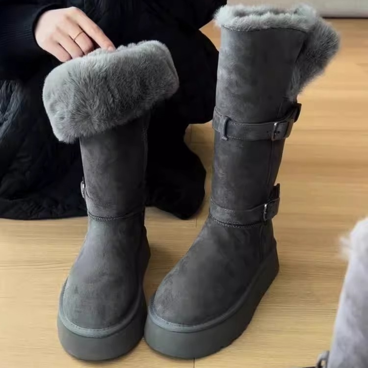 长款雪地靴女高筒灰色2025冬季厚底加绒加厚中长筒雪地棉靴子棉鞋