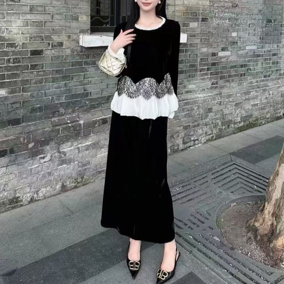 【现货】【猫柒柒】2025早秋新款洋气时尚百搭拼接蕾丝半身裙套装Q536