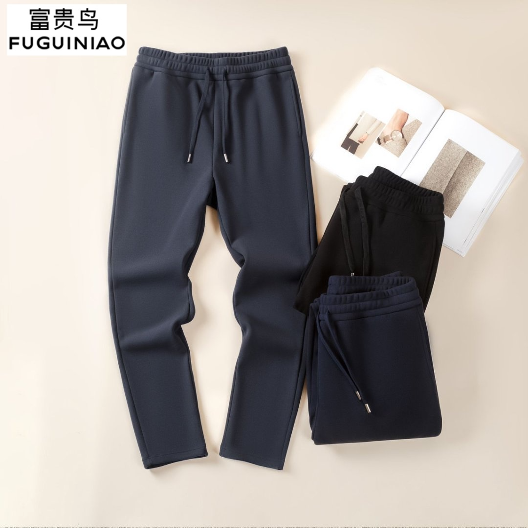 富贵鸟直筒休闲裤桑蚕丝新款卫裤保暖防风裤休闲裤秋冬加绒卫裤男