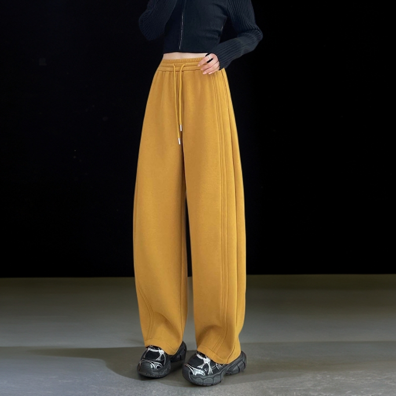 黄色加绒加厚弯刀裤女冬季新款宽松显瘦慵懒休闲糯米直筒阔腿裤子
