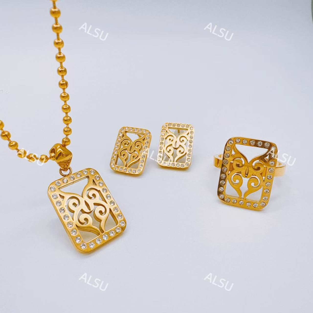 合金项链 ALSU原创新款轻奢简约项链耳钉戒指三件套百搭时尚气质