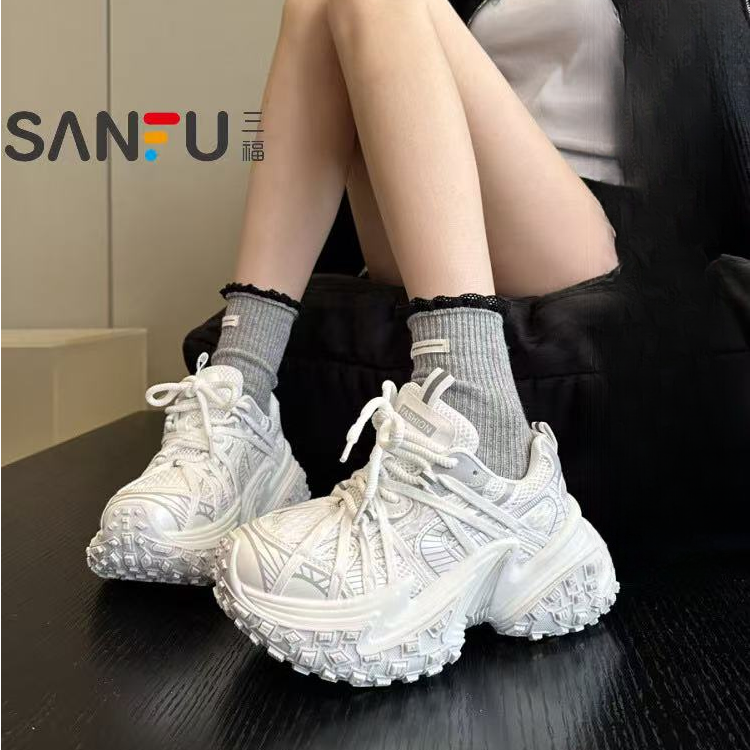 三福小众ins欧货厚底增高老爹鞋女2025轮胎鞋白色绑带运动休闲鞋