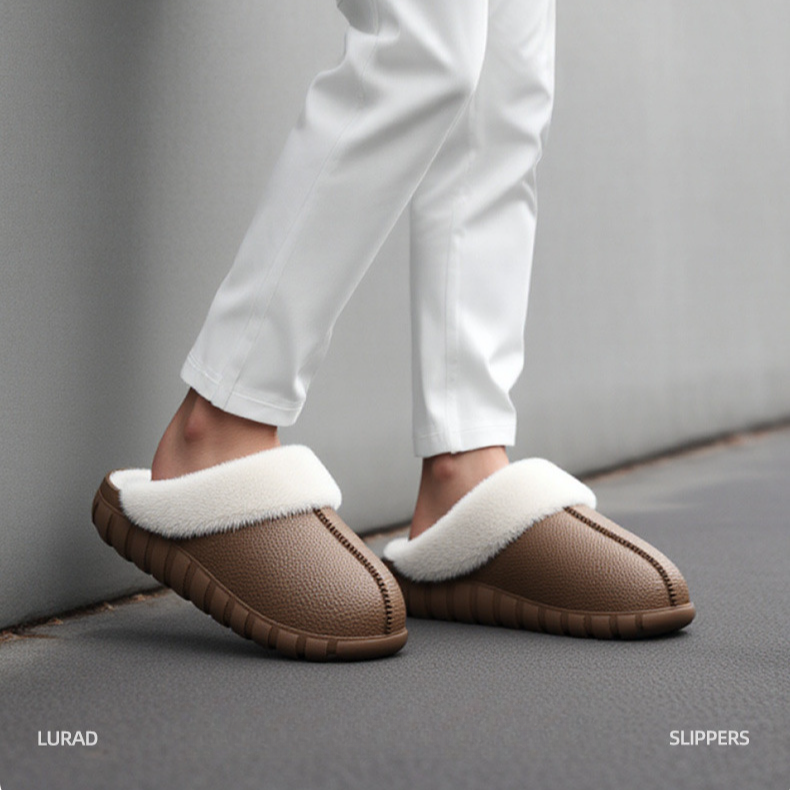 EVA皮纹包跟男女防水毛绒秋冬室内外防滑保暖棉拖鞋户外休闲厚底