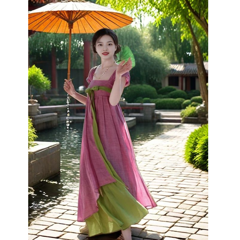 汉元素连衣裙一体式改良汉服夏季中国风连衣裙复古拼色撞色长裙女