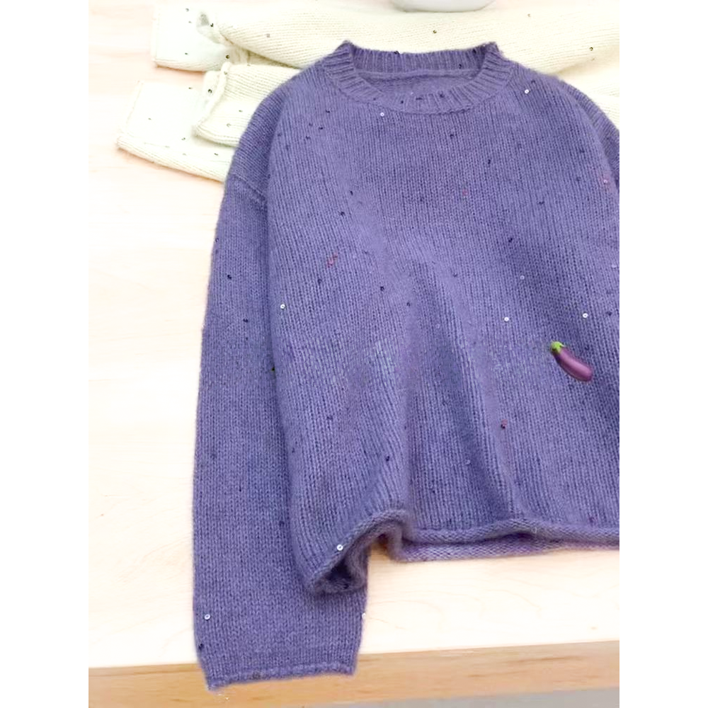 绝美！不能错过！软糯紫色卷边毛衣女秋冬季宽松慵懒针织衫亮片上衣