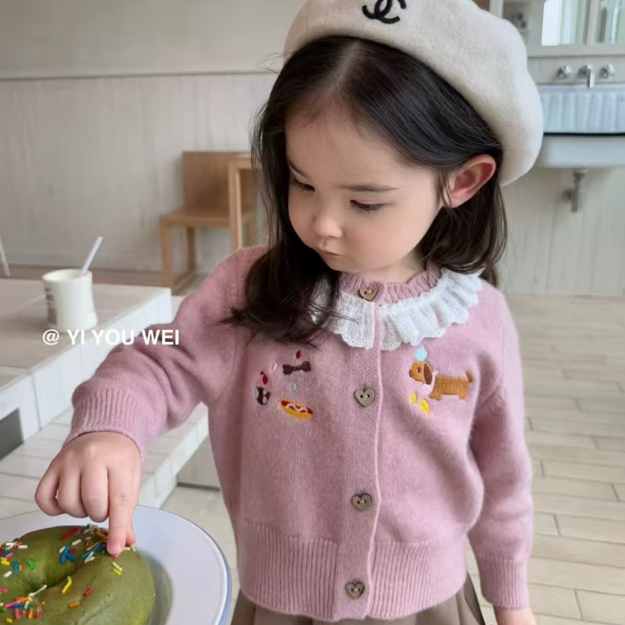 甜美风女童针织开衫宝宝洋气花边领春秋女宝开衫外套女童秋装