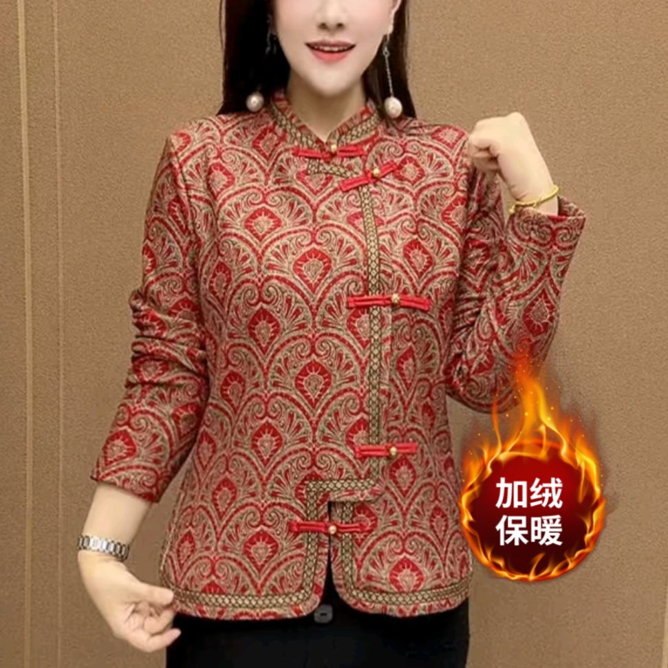 冬款一体绒保暖衣百搭气质中老年妈妈装2025新款国风印花女装衬衫