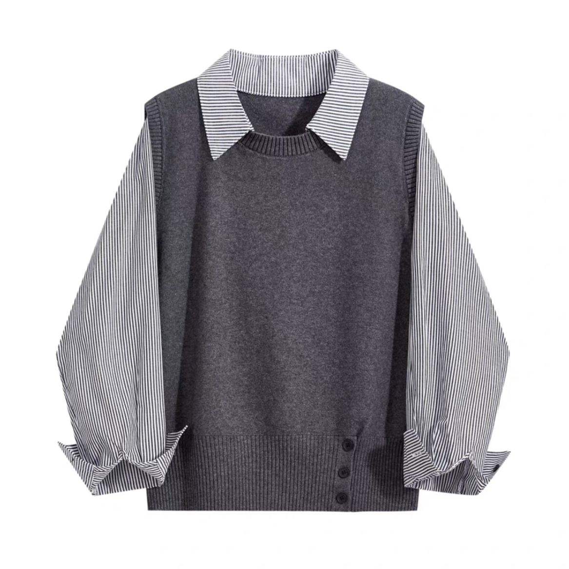 秋季新款法式拼接针织假两件条纹衬衫女高级设计感长袖针织-X3000